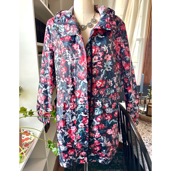 Joules Go Lightly Navy Floral Print Waterproof Pack away Hooded Rain Jacket - Picture 1 of 11